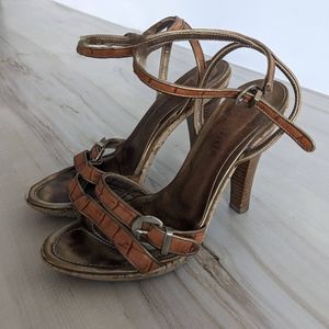 Framas Soft Italian Leather Strappy Sandals Cork Cone Heels Caramel Size 36.5